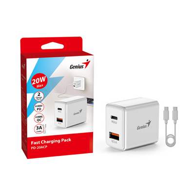 Genius Zasilacz sieciowy adapter 20W, 2-portowy, USB-C, USB-A, PD-20ACP