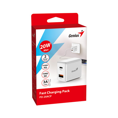 Genius Zasilacz sieciowy adapter 20W, 2-portowy, USB-C, USB-A, PD-20ACP