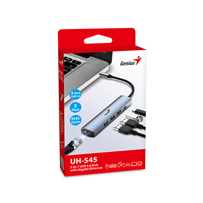 USB (3.0) hub 4-port, UH-545, szary, Genius, 3x USB 3.0, 1x RJ45