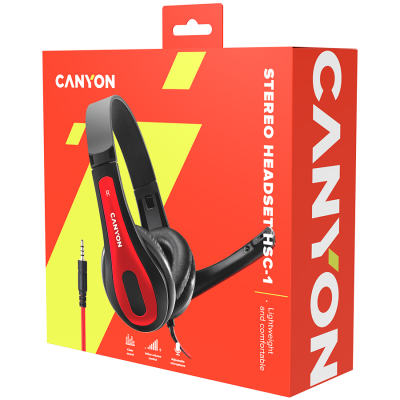 Canyon HSC‑1 – przewodowy zestaw słuchawkowy PC, 2 m, czarno‑czerwony