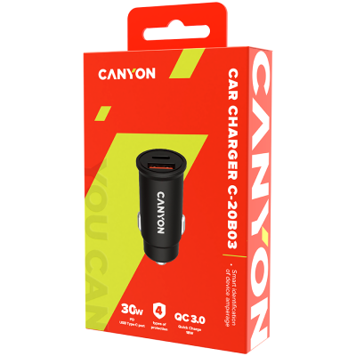 CANYON Ładowarka samoch. C-20-03 PD30W QC3.0 USB-C USB-A Czarna