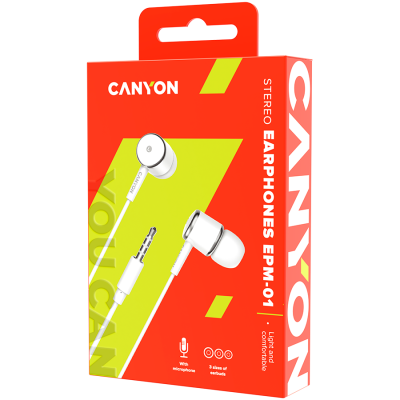Canyon EPM‑01 – słuchawki dokanałowe z mikrofonem, 1.2 m (białe)