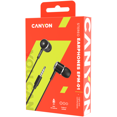 Canyon EPM‑01 – słuchawki dokanałowe z mikrofonem, 1.2 m (czarne)