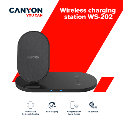 CANYON Ładowarka bezprzewodowa WS-202 10W 2w1 Czarna