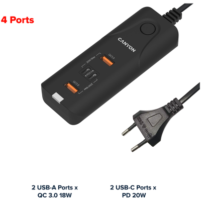 CANYON Ładowarka sieciowa H-10 PD20W QC3.0 2×USB-A 2×USB-C Czarna