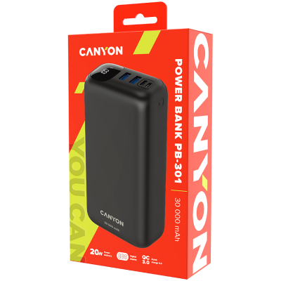 Canyon PB‑301 – powerbank 30000 mAh z szybkim ładowaniem 22.5 W (czarny)