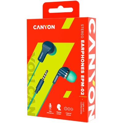 Canyon EPM‑02 – słuchawki dokanałowe z mikrofonem, 1.2 m (niebiesko‑zielone)