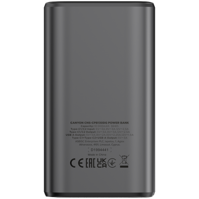Canyon OnPower 130 – powerbank 10 000 mAh, 30 W, Dark Grey (CNS‑CPB130DG)
