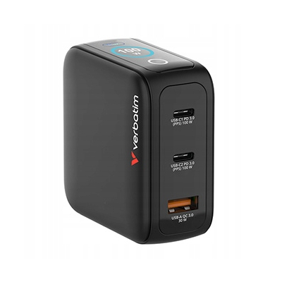 Verbatim, Mini ładowarka GaN z wyświetlaczem TFT 2 x USB-C / 1 x USB-A 100W