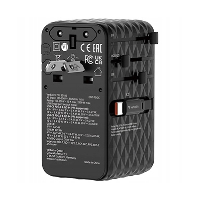 Verbatim Uniwersalny adapter podróżny GaN III Charge USB-C USB-A 70 W 30186