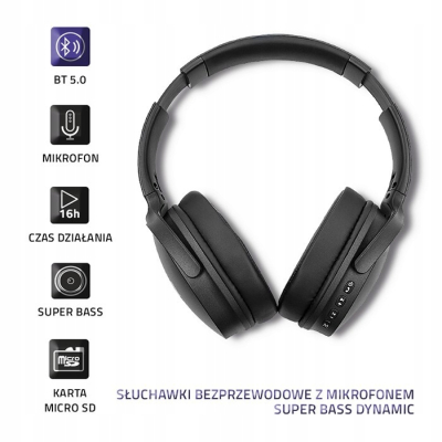 Qoltec Słuchawki bezprzewodowe z mikrofonem BT Super bass Dynamic Czarne