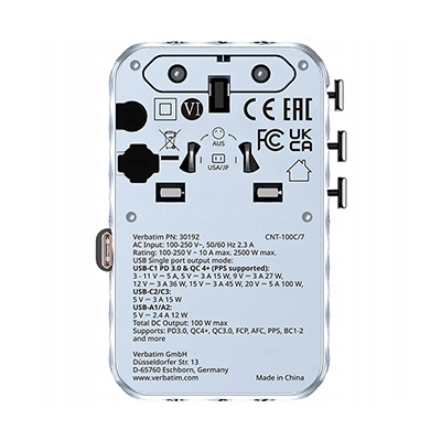 Verbatim, Adapter podróżny ChargeNTravel GaN III USB-C USB-A 100 W 30192