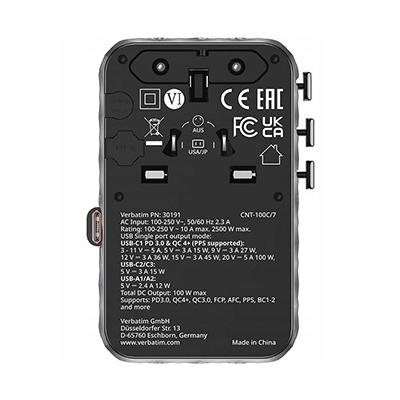 Verbatim Adapter podróżny ChargeNTravel USB-C USB-A czarna 100 W 30191