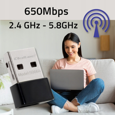 Qoltec Ultraszybki bezprzewodowy Mini Adapter USB Wi-Fi standard AC650Mbps