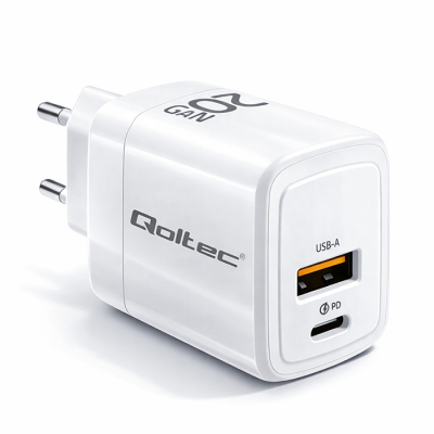 Qoltec Ładowarka sieciowa 20W GaN 5-20V 1.5-3A 1x USB-C PD 1 x USB QC 3.0