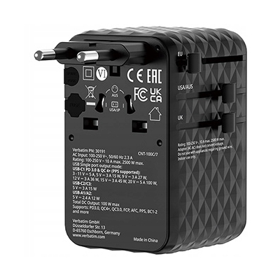 Verbatim Adapter podróżny ChargeNTravel USB-C USB-A czarna 100 W 30191