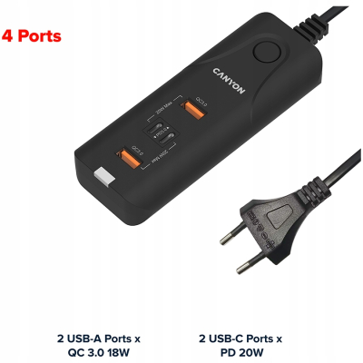 CANYON Ładowarka sieciowa H-10 PD20W QC3.0 2×USB-A 2×USB-C Czarna