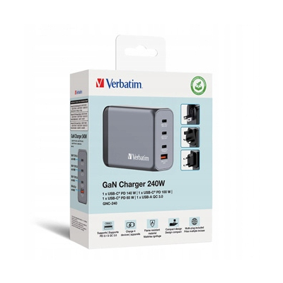Verbatim Ładowarka GaN USB 3.0 USB C szara 240 W wymienne końcówki C,G,A