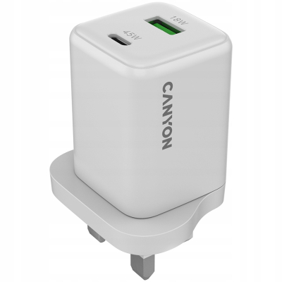 CANYON Ładowarka sieciowa CU45AC GaN 45W 1xPD 1xQC UK Biała