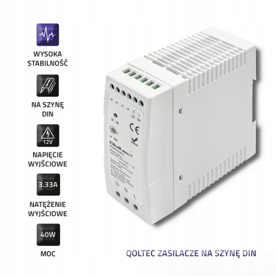 Qoltec Zasilacz na szynę DIN 40W 12V 3.33A Biały Slim
