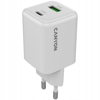 CANYON Ładowarka sieciowa CU45AC GaN 45W 1xPD 1xQC EU Biała