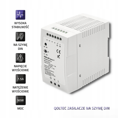 Qoltec Zasilacz na szynę DIN 90W 12V 7.5A Biały Slim