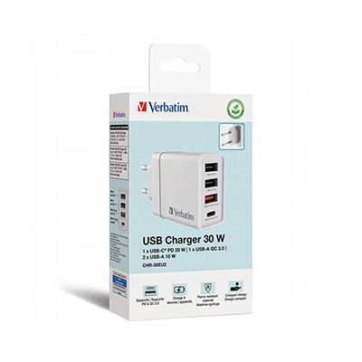 Verbatim Zasilacz / sieciowy adapter 30W, 4-portowy 1x USB-C 3x USB-A 49701