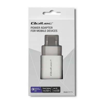 Qoltec Ładowarka sieciowa 18W 5-12V 1.5-3A USB typ C PD USB QC 3.0 Biała