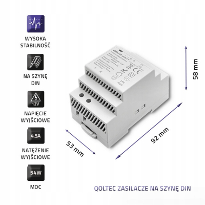 Qoltec Zasilacz na szynę DIN 54W 12V 4.5A Szary