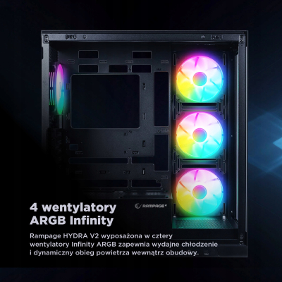 Rampage Hydra V2 Obudowa PC akwarium 4x wentylator ARGB czarna
