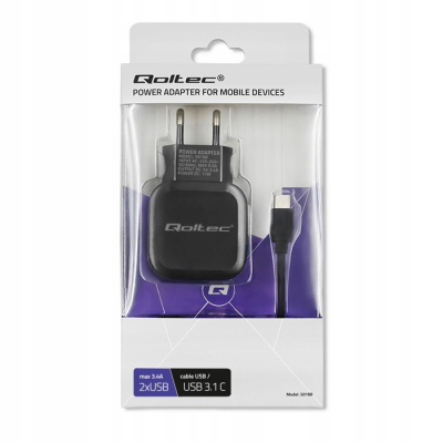 Qoltec Ładowarka sieciowa 17W 5V 3.4A 2xUSB + kabel USB typC 50188