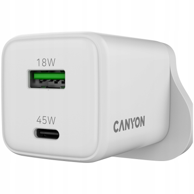 CANYON Ładowarka sieciowa CU45AC GaN 45W 1xPD 1xQC UK Biała