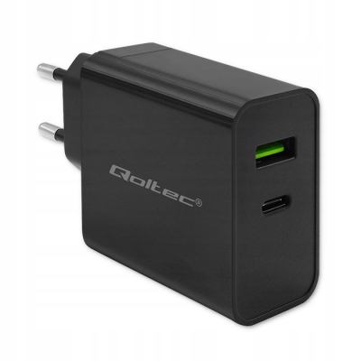Qoltec Ładowarka Super Quick PD 1xUSB-C 1xUSB 45W 5-20V 2.25-3A Czarna