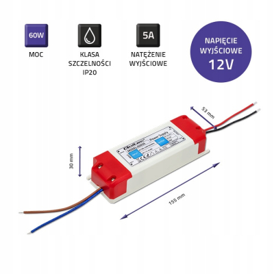 Qoltec Zasilacz impulsowy LED IP20 60W 12V 5A