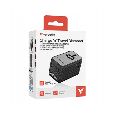 Verbatim, Adapter podróżny ChargeNTravel GaN III USB-C USB-A 170 W 30190