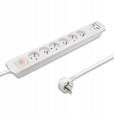 Qoltec Listwa antyprzepięciowa 6 gniazd 2 x USB 1.8m Biała