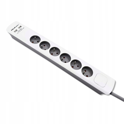 Qoltec Listwa antyprzepięciowa 6 gniazd 2 x USB 1.8m Biało-szara