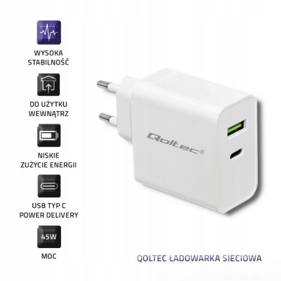 Qoltec Ładowarka sieciowa 45W 5-20V 2.4-3A USB typ C PD USB 3.0 Biała