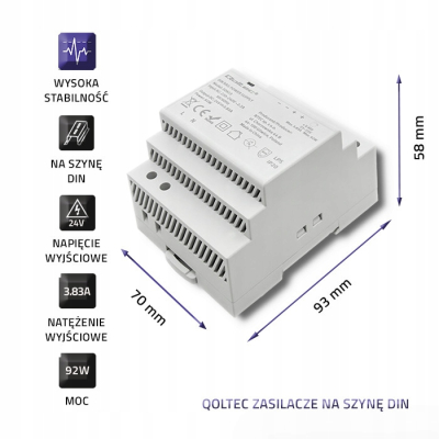 Qoltec Zasilacz na szynę DIN 92W 24V 3.83A Szary