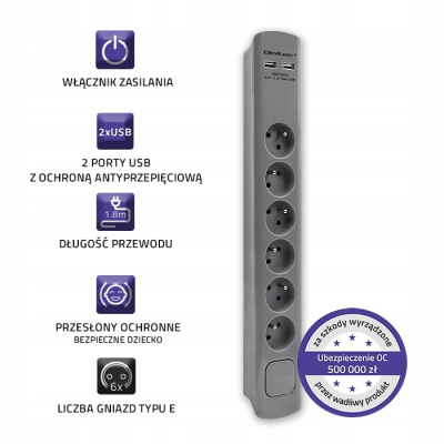 Qoltec Listwa antyprzepięciowa 6 gniazd 2xUSB 1,8m