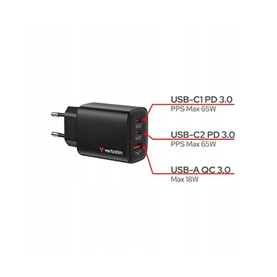 Verbatim Essentials Ładowarka sieciowa GaN USB-A USB-C PD 3.0 65W 32352
