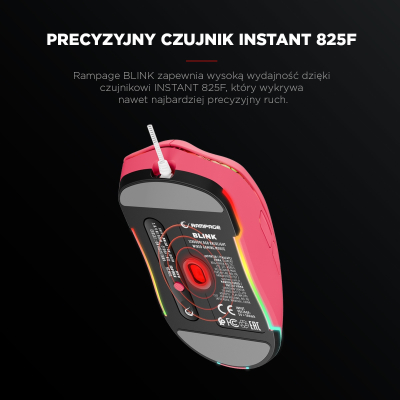 Rampage BLINK myszka gamingowa przewodowa USB, 12800 DPI, RGB, różowa