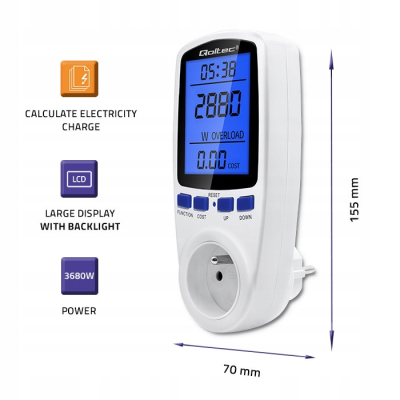 Qoltec Watomierz Licznik zużycia energii PM0626 3680W 16A LCD 50626