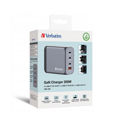 Verbatim Ładowarka GaN USB 3.0 USB C szara 200 W wymienne końcówki C,G,A