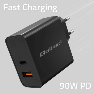 Qoltec Ładowarka Super Quick PD 1xUSB-C 1xUSB 90W 5-20V 2.4-4.35A Czarna