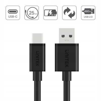 Unitek przewód USB-A - USB-C krótki 25cm Y-C480BK