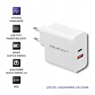 Qoltec Ładowarka sieciowa 63W 5-20V 1.5-3A USB typ C PD USB QC 3.0 Biała