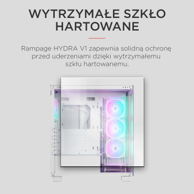 Rampage Hydra V1 Obudowa PC 4x wentylator USB C/USB A ARGB + hub, biała