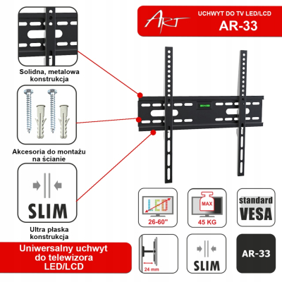 UCHWYT DO TV 26-60 45KG AR-33 ART bez regulacji