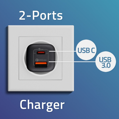 Qoltec Ładowarka 65W GaN ULTRA 5-20V 2.25-3.25A 1xUSB C PD 1xUSB 3.0